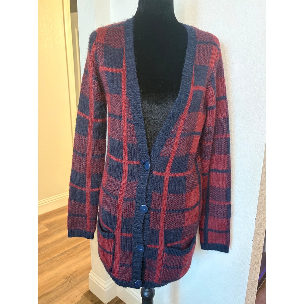 Abercrombie & Fitch Plaid Cardigan Sweater Navy Burgundy Longline Small NWT